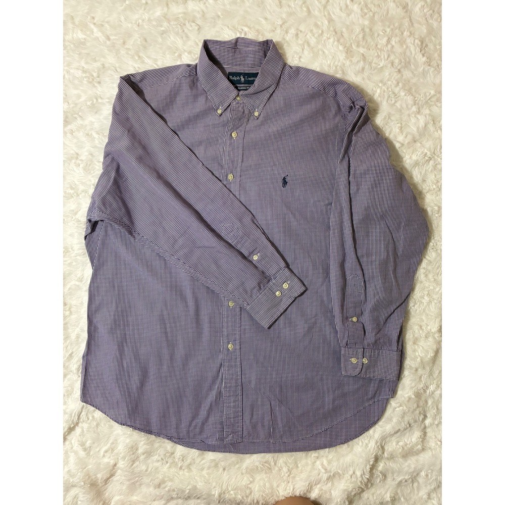 Ralph Lauren Mens Classic Fit Gingham Button Down Shirt Purple White 17 32/33